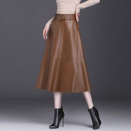 Neophil Vintage Women PU Faux Leather Midi Skirts Latex Jupe Longue Winter Fashion A-Line High Waist Black Belt Long Skirt S9730 220401