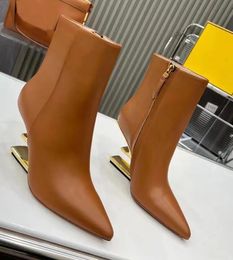Fashion Winter First Boots Nappa Leather High-heel Boots F-shaped rounded toe Booty gold-colored metal arty Wedding Booties EU35-43 Box