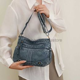 Shoulder Bags Y2K Style Rivet Casual Satchel Vintage Denim Crossbody Bag PU Soft Leather Unisex Zipper lti-Pockets Female Totestylishhandbagsstore