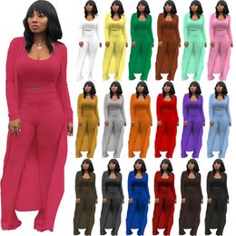 2024 Designer Fall Winter Ribbed Tracksuits Women 3 Pieces Sets Long Sleeve Cardigan Tank Top and Wide Leg Pants Casual Stretchy Outfits Wholesale Clothes 10355
