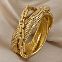 Bangle Flashbuy Chunky For Women Thick Multi-layer Stretch Stainless Steel Golden Waterproof Wrap Cuff High Quality Jewellery