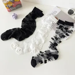 Women Socks Floral Print Crystal Silk Summer Ultra-thin Transparent Nylon Long Stockings JK Lolita Kawaii Knee