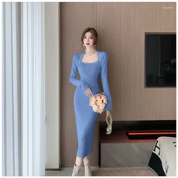 Casual Dresses Women Long Sleeve Slim Sweater Dress Solid Button High Waist Vintage Vestidos Ladies Autumn Winter Elegant Party Knitted