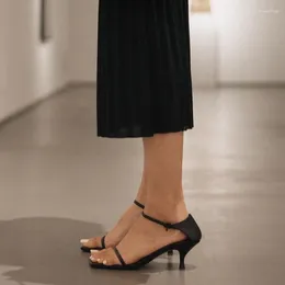 Dress Shoes 2023 Summer Ladies Mid-heel Stiletto Elegant High Heels Leather Black Sandals Women