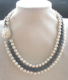 Chains 3rows Freshwater Pearl White Black Near Round 7-8mm Necklace 18-20inch Wholesale Beads Nature