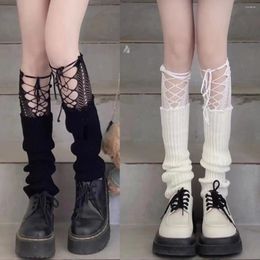 Women Socks Y2K JK Lotita Knitted Leg Cover Sweet Girls Lace Bow Leggings Cross Strap Long Winter Over Knee Warmers Boot Cuffs