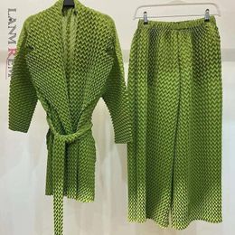 Women's Two Piece Pants LANMREM 2 Pieces Sets Pleated Belt Jacket With Elastic Waist Wide Leg Female Fashion Clothing Spring 2DA2956