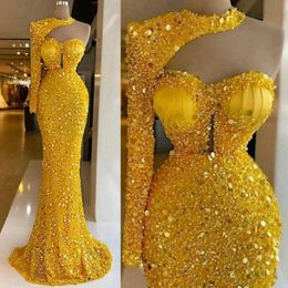 Shine Gold Aso Ebi Prom Dresses for Special Occasions Mermaid One Shoulder High Neck Sequin Lace Elegant Evening Dresses Birthday Party Gowns Engagement Gown NL165