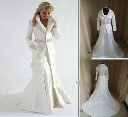 Whole fur A line Wrap strapless satin White Winter Wedding Dress Cloak Chapel Train Satin Long Sleeve Coat for bride5283306