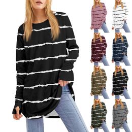 Women's T Shirts Striped Print Pullover Top O-Neck Long Sleeves Women Blouse 2024 Spring Autumn Mid-Length Clothes Tops Streetwear For Daily