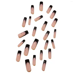 False Nails Black Edge French Style Long Manicure Rhinestones Setting Full Cover Square Artificial Nail Tips For Fingernail DIY