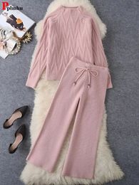 Winter Fall Knit 2 Piece Sets Half High Collar Warm Sweater Outfit Wide Leg Loose Pant Suits Solid Colour Soft Korean Tracksuit 231228