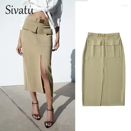 Skirts Sivatu Cargo Skirt Woman High Waist Slit Midi With Pocket Long For Women Fashion 2023 Y2k Streetwear Women's