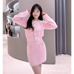 Self Portrait Women Pink Knitted Cardigan Jacket+half Skirt