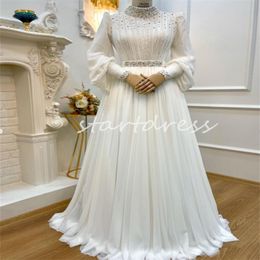 Modest Muslim Wedding Dress With Beaded Elegant Long Sleeve A Line Floor Length Chiffon Beach Bride Dress Elegant Civil Robe De Mariage Princess Islamic Bridal Gown