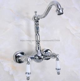 Bathroom Sink Faucets Polished Chrome Wall Mounted Kitchen Faucet Dual Handle Swivel Spout Cold Water Tap Nnf957