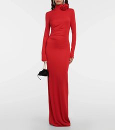 Elegant Red Prom Formal Dress 2024 Long Sleeve High Neck 3D Flowers Back Split Floor Length Evening Party Gowns Celebrity Style Vestido De Feast Robe De Soiree