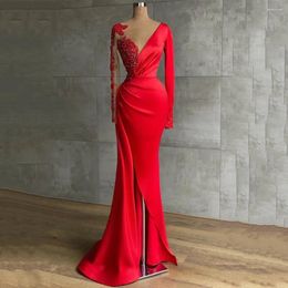 Party Dresses Red Mermaid Evening Dress For Women Satin Long Sleeves Beading Stones V Neck Formal Occasion Elegantes Mujer Vestidos 2023