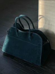 School Bags 2023 TheR0w Bag Margaux 15 Peacock Blue Classic Style Suede Handbag Simple Single Shoulder The Large Capacity Commuting