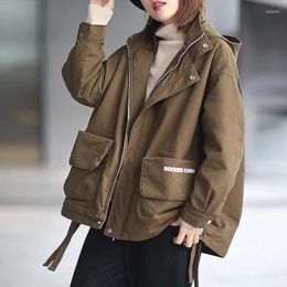 Women's Trench Coats 2023 Women Winter Korean Leisure Loose Large Size Slim Letter Printed Tooling Hooded Cotton Jacket Fashion Harajuku