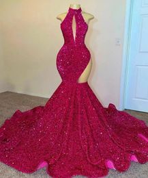 Luxury Mermaid African Prom Formal Dress 2024 Black Girls Halter Sexy Backless Cut-out Sequins Evening Club Party Gowns Vestido De Feast Robe De Soiree