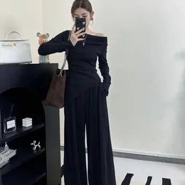 Women's Two Piece Pants Two-piece Set One-shoulder Long-sleeved Top Wide-leg Pure Girl Outfit Fashion Suit Women Irregular Trend