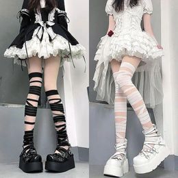 Women Socks Y2k Girls Bandage Thigh High Stockings Ultra-thin Nylon Long Lolita Kawaii Cute Knee