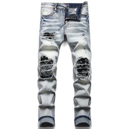 Men Biker Jeans Streetwear Paisley Bandana Print Patch Stretch Denim Pants Patchwork Holes Ripped Slim Straight Black Trousers 231228