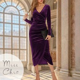 2023 Autumn Velvet Bodycon Purple Midi Dres Long Sleeve Ruched Slim Fit Evening Robe Female Party Cocktail Dresses 231227