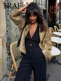 TRAF Women Sequin Shinny Croped Jacket Vintage Female Autumn Stand Collar Long Sleeve Coat Gold Color Lady Chic Streetwear 231228