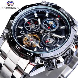 Forsining Brand Black Male Mechanical Watches Automatic Multifunction Tourbillon Moon Phase Date Racing Sport Steel Band Relogio293f