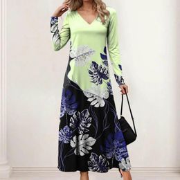 Casual Dresses Spring Dress V-neck Leaf Print V Neck Maxi For Women A-line Color Matching Long Sleeve Soft Breathable Pullover