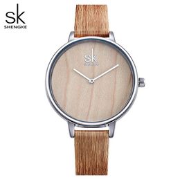 Shengke New Creative Women Watches Casual Fashion Wood Leather Watch Simple Female Quartz Wristwatch Relogio Feminino273N