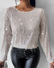 Women's T Shirts Top Spring Long Sleeved Casual T-Shirt Fashion Personality Contrast Sequin Tassel Design Daily Round Neck