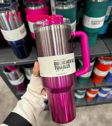Ship from USA PINK Parade 40oz Quencher H2.0 Mugs Cups camping travel Car cup Stainless Steel Tumblers Cups with Silicone handle Valentine Day Gift 1:1 Same Logo GG1228
