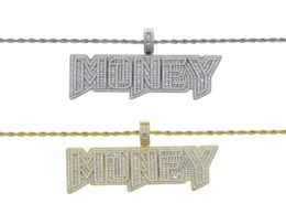Chains Iced Out Bling 5A CZ Paved Gold Colour Letter Money Pendant Necklace With Long Rope Chain Hip Hop Dollar Men Boy Jewel4113697
