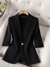 Women's Suits Blazer Jacket Women Korean Fashion Single Button Notched Coats Spring Summer Outwear High Quality Solid Half Sleeve Top