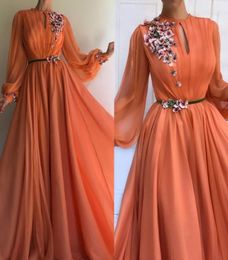 Elegant Orange Long Sleeves 3D Floral Lace Dubai Prom Dresses 2020 ALine Chiffon Islamic Arabic Long Evening Gown Robe de soiree 5606308