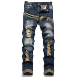 Men Jeans Yellow Simple Design Man Motorcycle Streetwear Ripped Denim Pants Trend Brand Trousers For Casual Biker Destroyed 231227