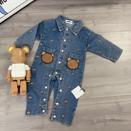 Designer Newborn kids bear denim romper baby lapel long sleeve cowboy jumpsuits INS infant boys girls cartoon embroidery denim clothing S0618