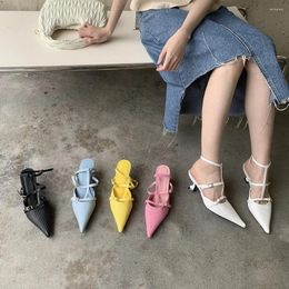 Dress Shoes Pointed Toe Women Sandals Black Blue Yellow Pink White Thin Mid Heels Ankle Strap Summer Outside Mules Woman Size 35-39