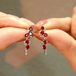 Inspired Multiples Ruby Tassels Long Stud Earrings for Women Ethnic Style Earings Light Engagement 14K White Gold Jewellery