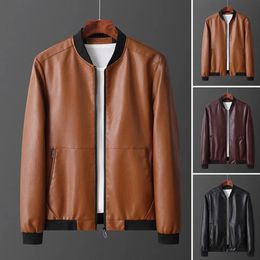 Men Jacket Faux Leather Zipper Cardigan Long Sleeves Windproof Smooth Surface Plus Size Spring Coat For Daily Wear 231227