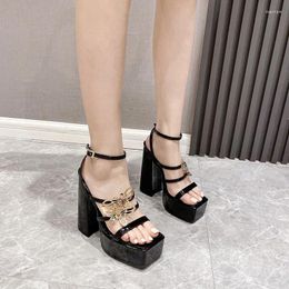 Sandals 15cm High-Heeled Black Platform Heels Chunky Shoes Punk Belt Gold Bow Summer Square Toe Sandalias De Mujer