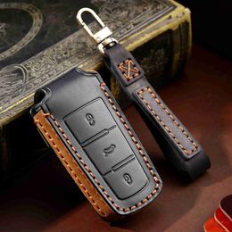 Car Key Trekking Poles 3 Button Leather Car Key Cover Case for VW CC Passat B6 B7 Remote Fob Protector with Key ChainsL2031228