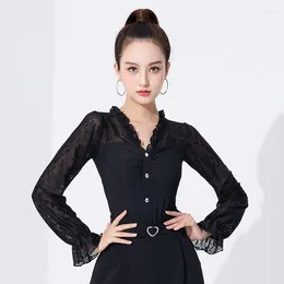 Stage Wear Black Colour Lace Latin Dance Shirt Ladies Long Sleeve Modern Blouse High-grade Drill Woman Cha-cha Tops