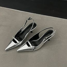 Fashion Slingback Sandals Women Med Heels Pumps Rivet Shoes Elegant Pointed Toe Female Mules Dress Slides Denim Sandalias 231227