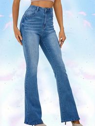 Elegant Women Flare Stretch Jeans Washed Straight Pockets High Waist Denim Pants Womens Moustache Effect 231228