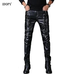 Idopy Men's Leather Pants Black Punk Style Skinny Lace Up Party Stage Performance Steampunk Faux PU Pleather Trousers For Male 231228