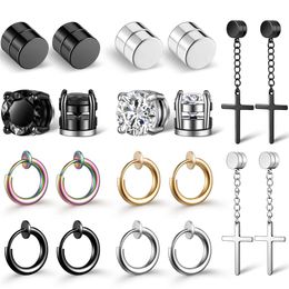 10 Pairs Unisex Men Stainless Steel Non-Piercing Magnetic Stud Earrings Cross Dangle Hoop Earrings CZ Magnet Clip on Earring Set1707